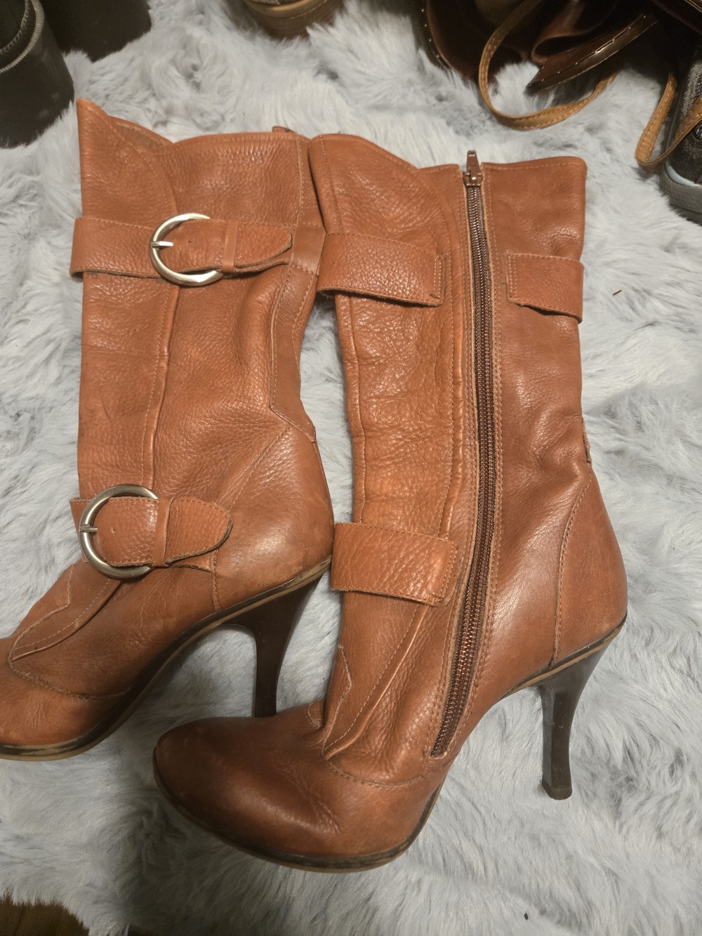 Gianni Bini Tabitha Cognac Leather Buckle Mid Calf Stiletto Boots 6M